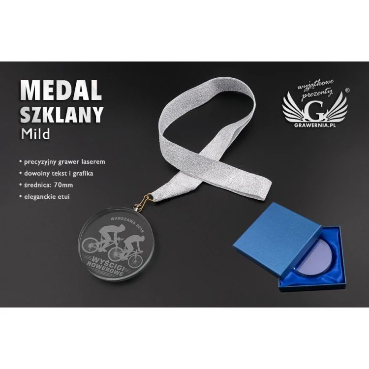Medal szklany Mild z dowolnym grawerem i etui - średnica 70mm - MGR082