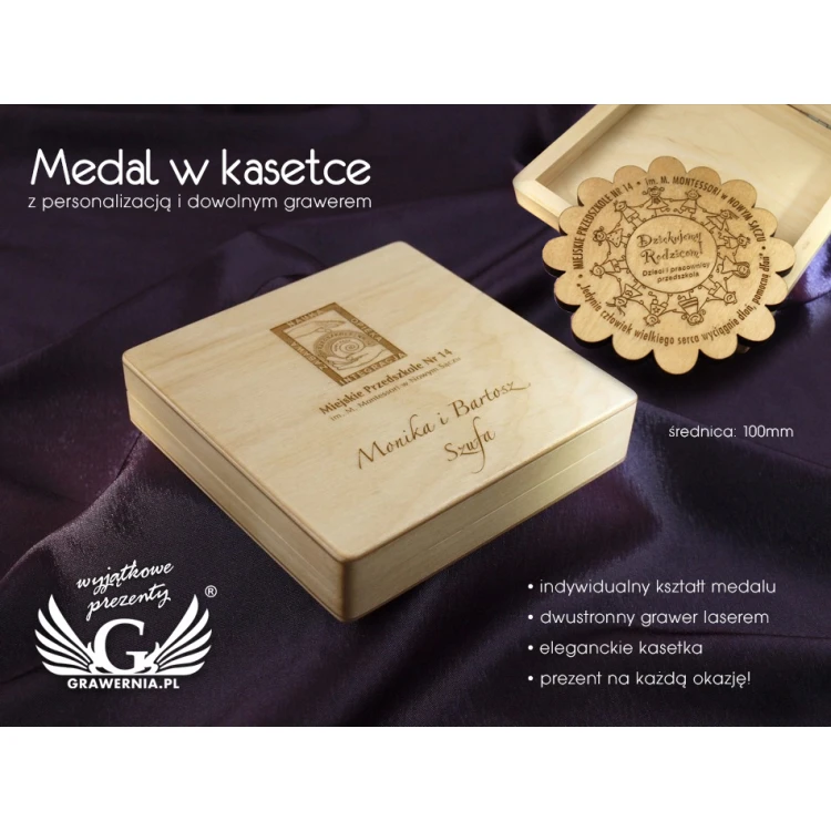 Medal w kasetce z personalizacją oraz dowolnymi grawerami grafiki i treści - MGR008
