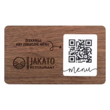 Menu z wymiennym kodem QR i logo firmy - lite drewno orzechowe grawerowane - wym. 120x70mm - MEN025