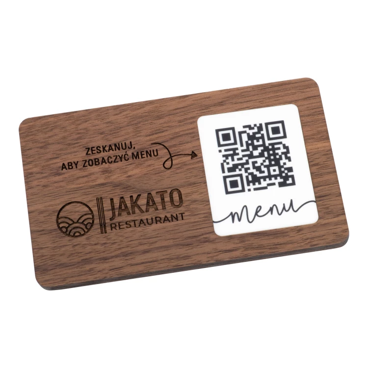 Menu z wymiennym kodem QR i logo firmy - lite drewno orzechowe grawerowane - wym. 120x70mm - MEN025
