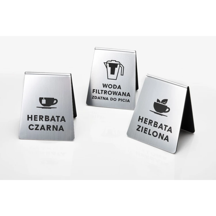 Mini Stojaczek informacyjny dla gastronomi, hotelarstwa - laminat grawerski metalizowany i szczotkowany - ST017