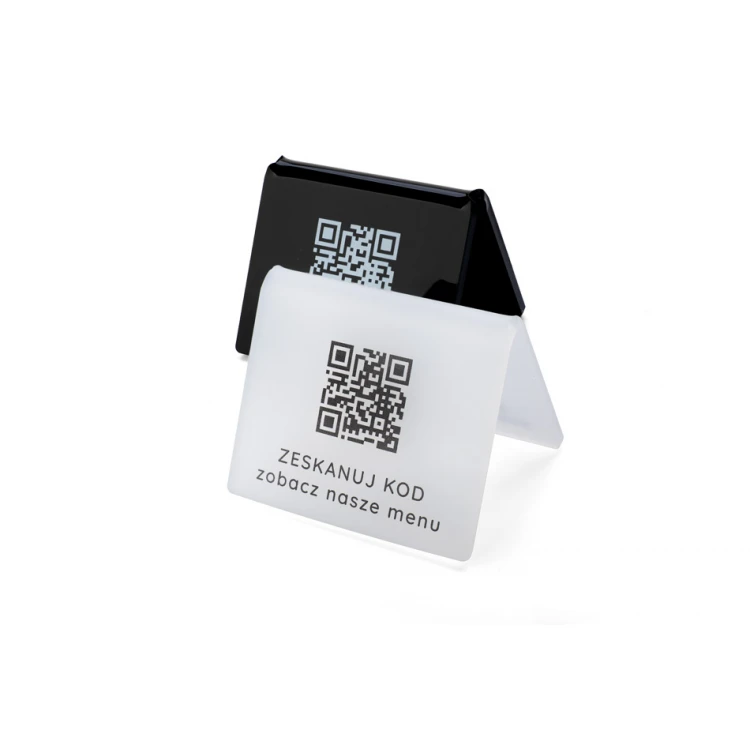 Mini stojaczek informacyjny z kodem QR - czarna plexi lub plexi frost - wym. 60x50mm - ST028