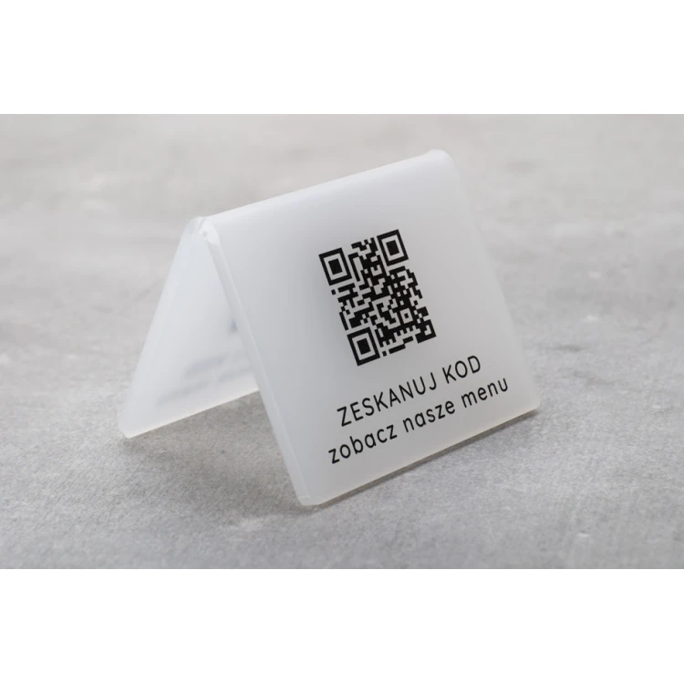 Mini stojaczek informacyjny z kodem QR - czarna plexi lub plexi frost - wym. 60x50mm - ST028