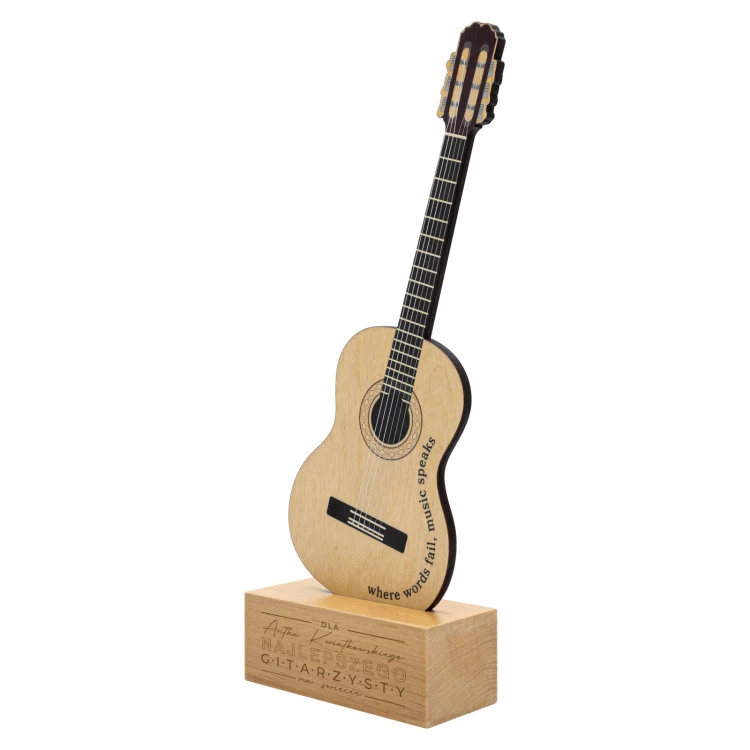 Nagroda muzyczna - statuetka drewniana dla muzyka w kształcie gitary - nadruk UV - wys. 27,5 cm - DTA153