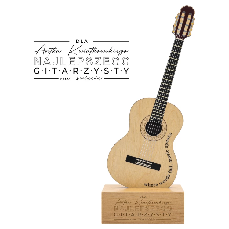 Nagroda muzyczna - statuetka drewniana dla muzyka w kształcie gitary - nadruk UV - wys. 27,5 cm - DTA153
