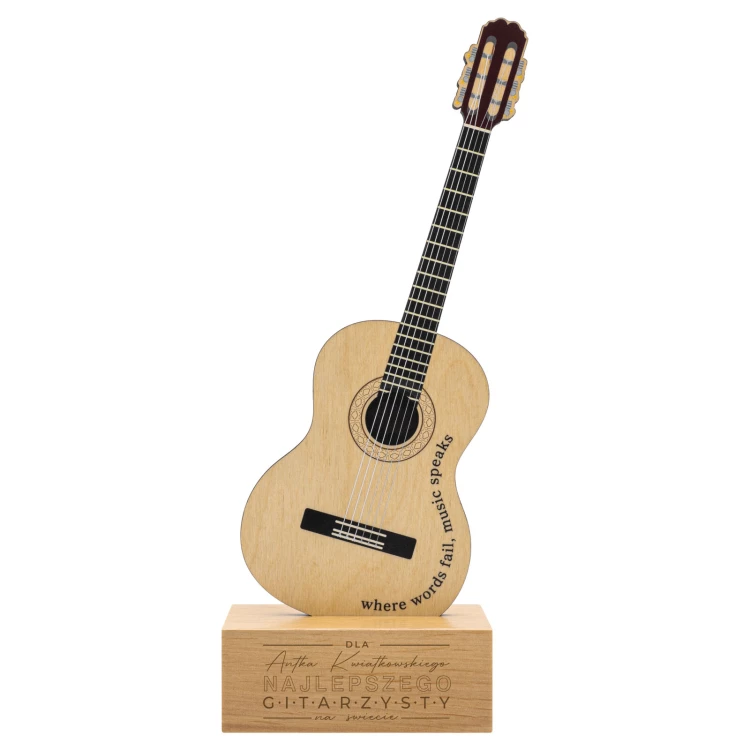 Nagroda muzyczna - statuetka drewniana dla muzyka w kształcie gitary - nadruk UV - wys. 27,5 cm - DTA153