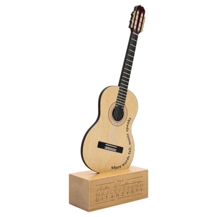 Nagroda muzyczna - statuetka drewniana dla muzyka w kształcie gitary - nadruk UV - wys. 27,5 cm - DTA153