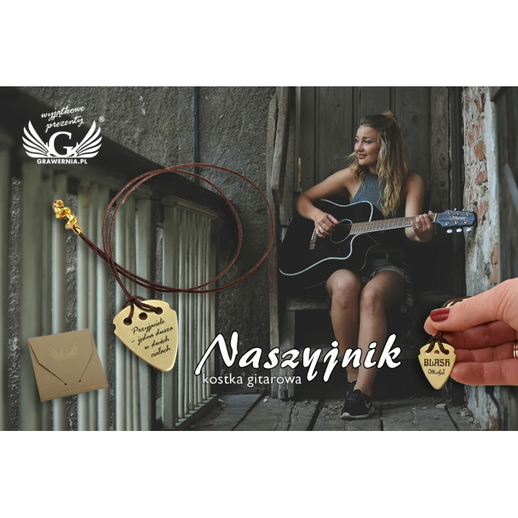 Naszyjnik kostka do gry na gitarze z własnym logo - mosiądz - KG01
