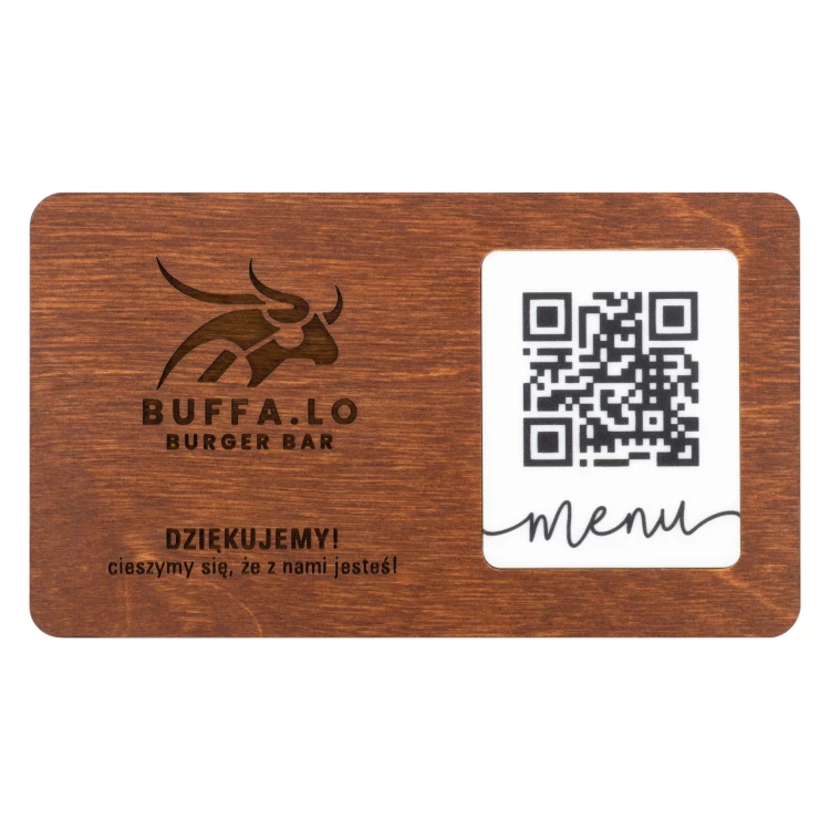 Menu z wymiennym kodem QR i logo firmy - drewno grawerowane - wym. 120x70mm - MEN024