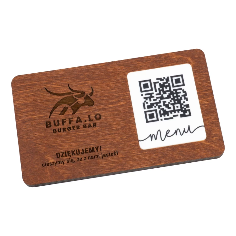 Menu z wymiennym kodem QR i logo firmy - drewno grawerowane - wym. 120x70mm - MEN024
