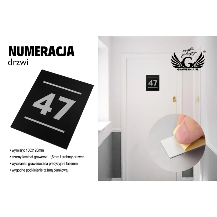 Numeracja drzwi - czarny mat ze srebrnym matowym grawerem - ND027 - wym. 100x120mm