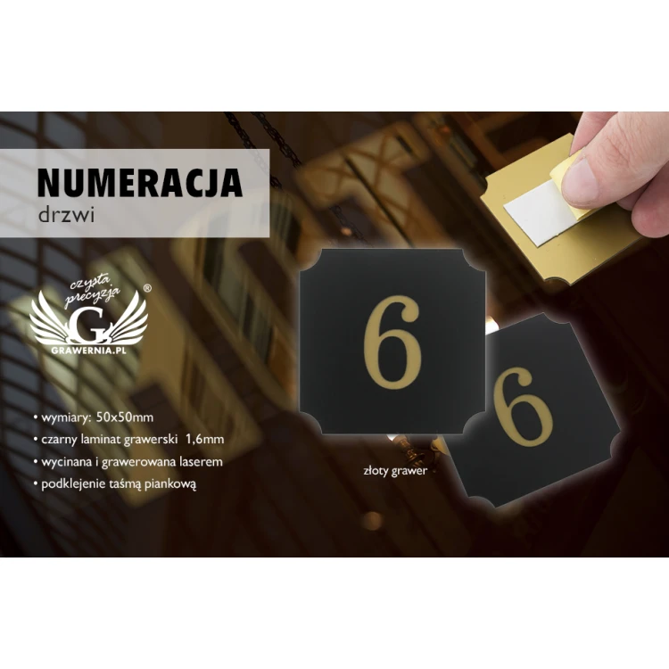 Numeracja drzwi - czarny mat exterior ze złotym grawerem - ND016 - wym. 50x50mm