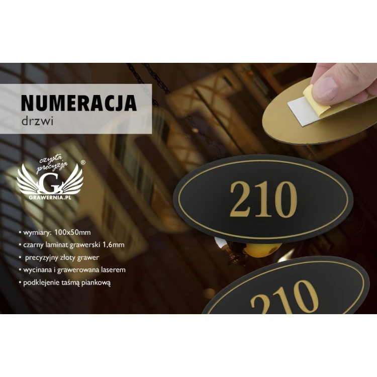 Numeracja drzwi - ELIPSA - czarny mat exterior ze złotym grawerem - ND021 - wym. 100x50mm