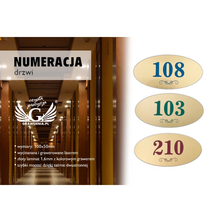 Numeracja drzwi - ELIPSA - złoty z kolorowym grawerem - ND020 - wym. 100x50mm