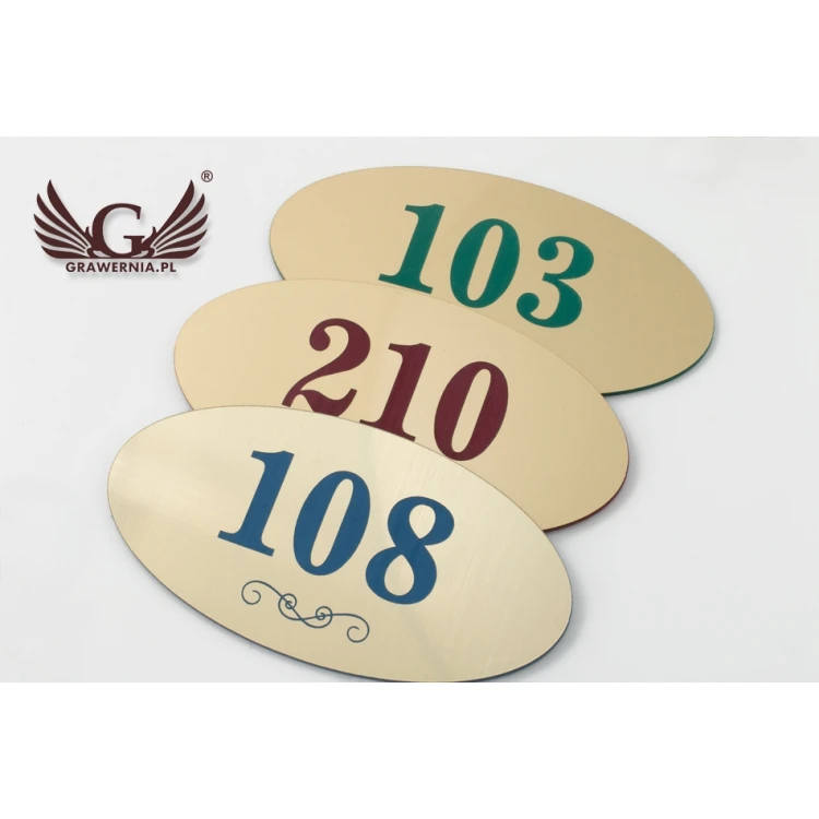 Numeracja drzwi - ELIPSA - złoty z kolorowym grawerem - ND020 - wym. 100x50mm
