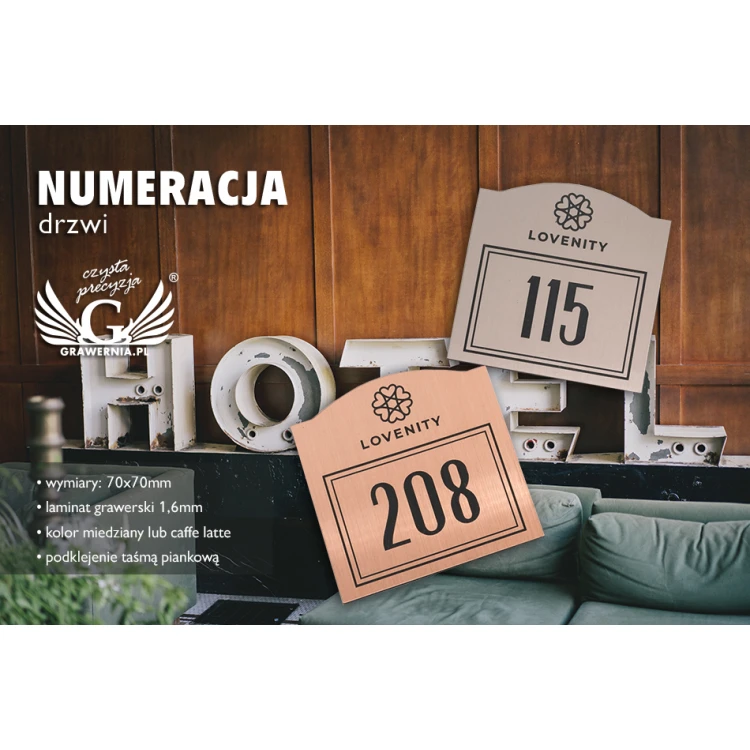 Numeracja drzwi - miedziany lub caffe latte - ND022 - wym. 70x70mm