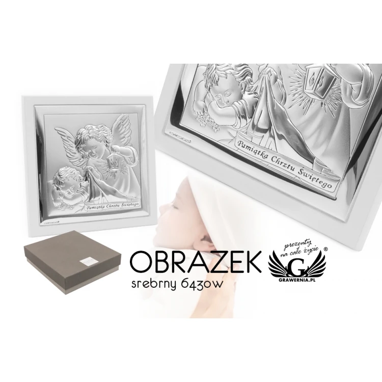 Obrazek srebrny Aniołek z latarenką z podpisem 14x14 cm - 6430/2XW