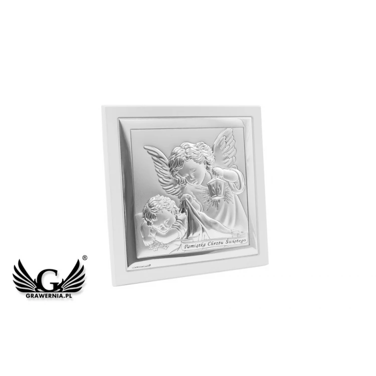 Obrazek srebrny Aniołek z latarenką z podpisem 14x14 cm - 6430/2XW