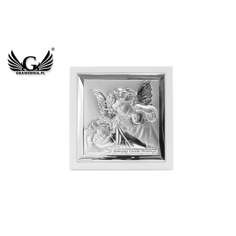 Obrazek srebrny Aniołek z latarenką z podpisem 14x14 cm - 6430/2XW