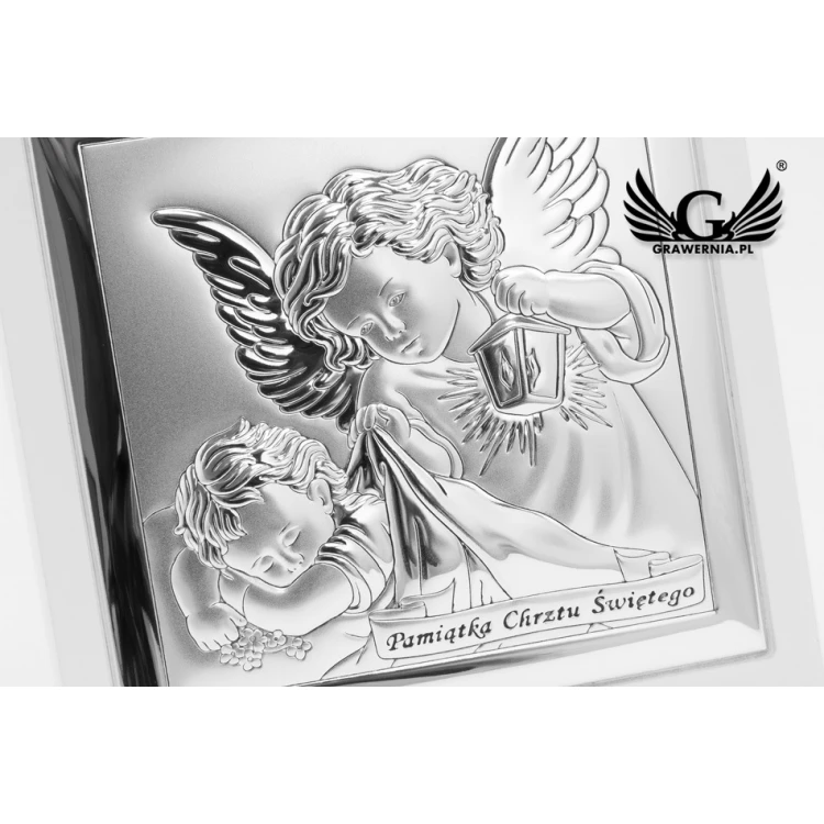 Obrazek srebrny Aniołek z latarenką z podpisem 14x14 cm - 6430/2XW