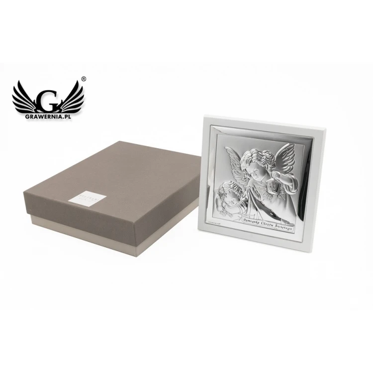 Obrazek srebrny Aniołek z latarenką z podpisem 14x14 cm - 6430/2XW