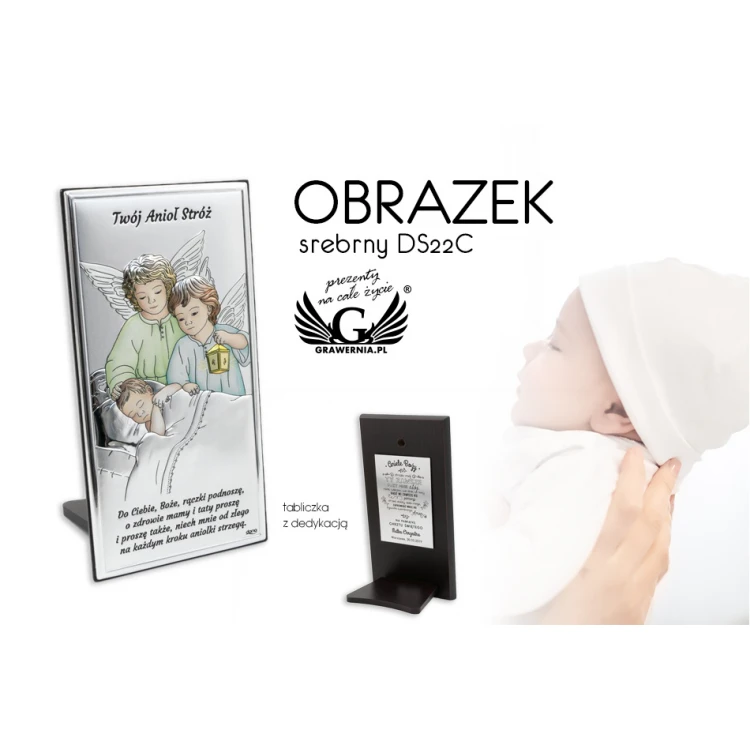 Obrazek srebrny Aniołki z latarenką nad dzieckiem 7,5x15 cm - DS22C/2C 