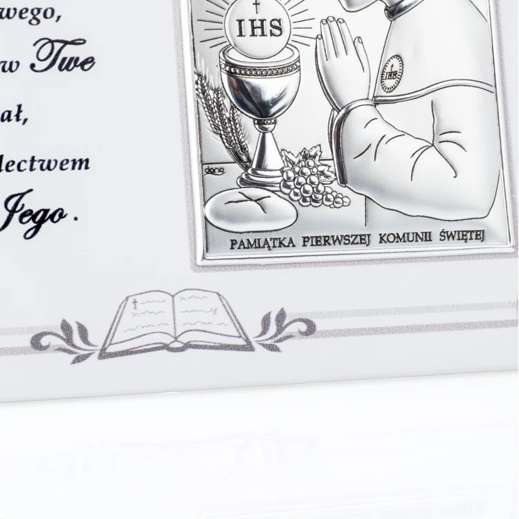 Obrazek srebrny dla chłopca - Pamiątka Pierwszej Komunii Świętej -  wym. 18x13cm - DS08/04/1O