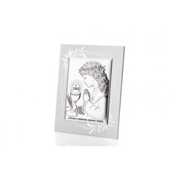 Obrazek srebrny Pamiątka Pierwszej Komunii Świętej dla dziewczynki wym. 14,5x19,5cm - DS04FO/2A