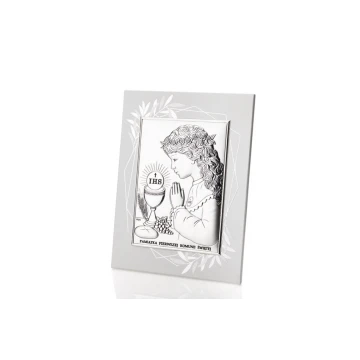 Obrazek srebrny Pamiątka Pierwszej Komunii Świętej dla dziewczynki wym. 14,5x19,5cm - DS04FO/2A