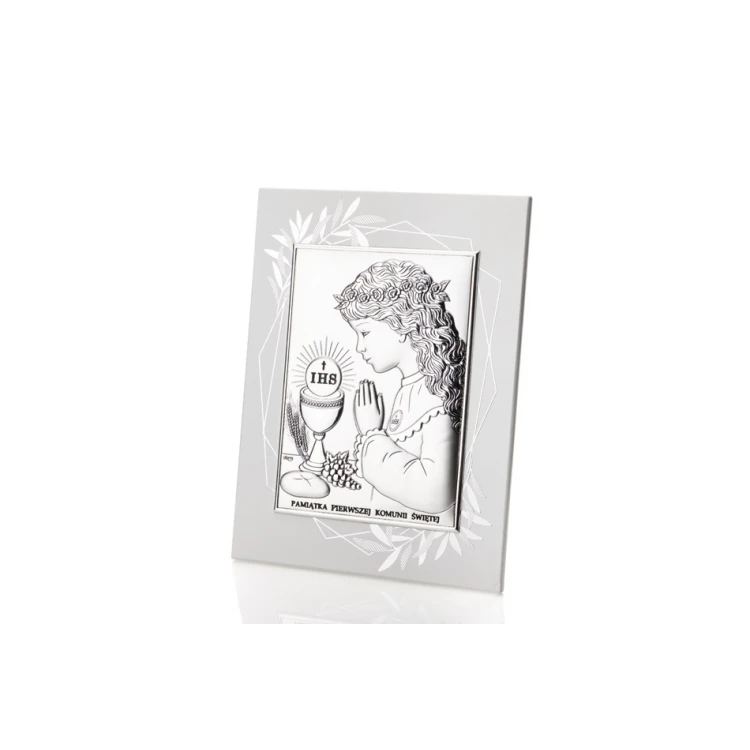Obrazek srebrny Pamiątka Pierwszej Komunii Świętej dla dziewczynki wym. 14,5x19,5cm - DS04FO/2A