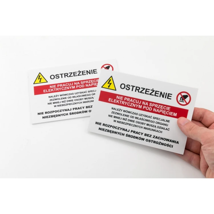 Ostrzeżenie, nie pracuj na sprzęcie elektrycznym pod napięciem - wym. 150x100mm - PVC - druk UV - BHP192