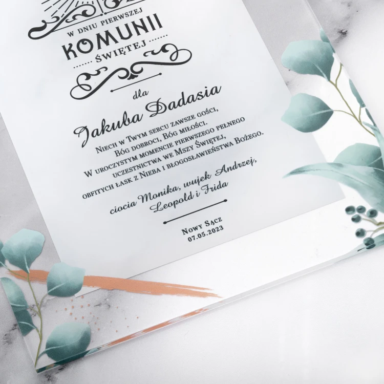 Pamiątka Pierwszej Komunii Świętej z plexi - druk UV - KOM017