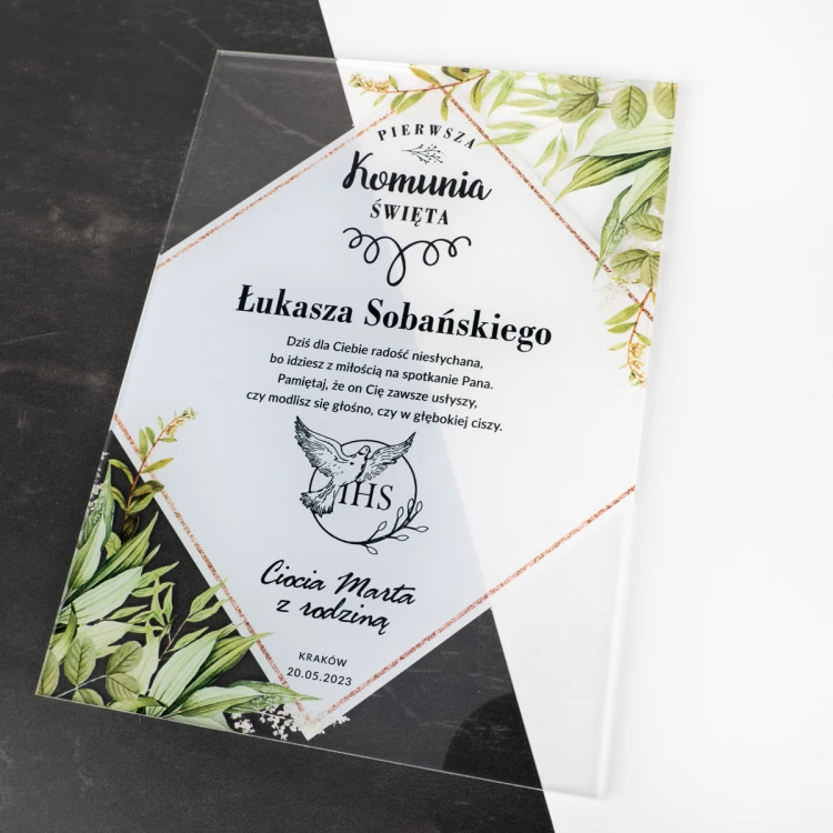 Pamiątka Pierwszej Komunii Świętej z plexi - druk UV - KOM020