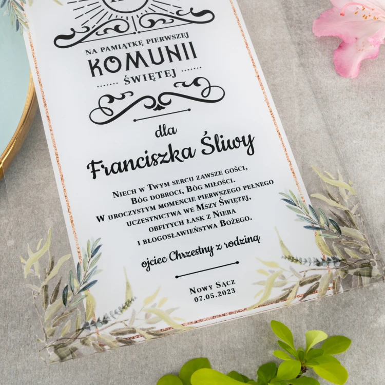 Pamiątka Pierwszej Komunii Świętej z plexi - druk UV - KOM023