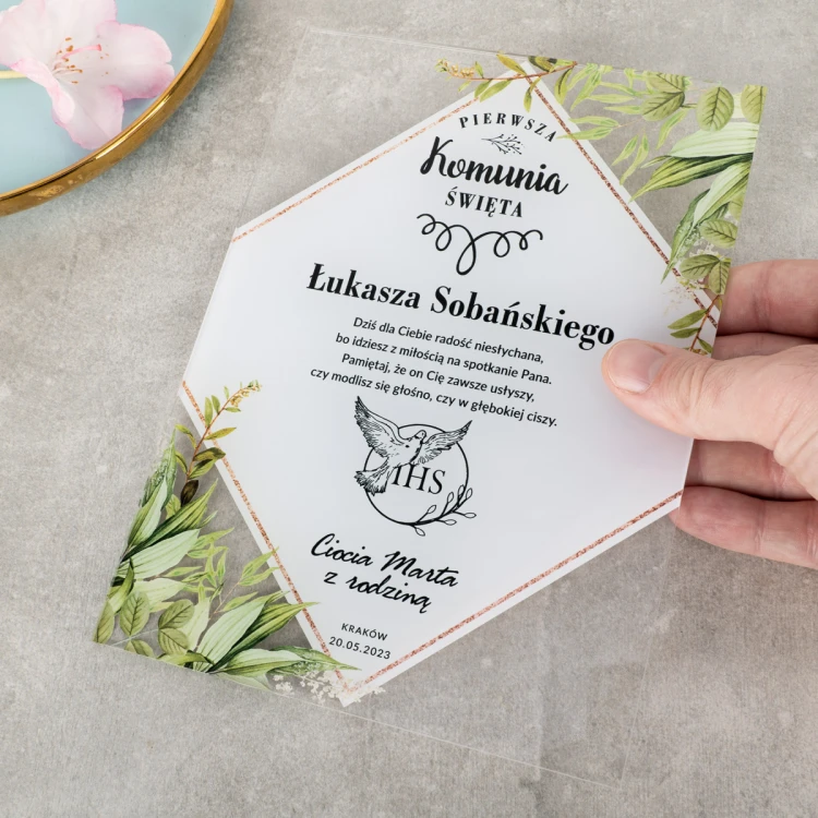 Pamiątka Pierwszej Komunii Świętej z plexi - druk UV - KOM020
