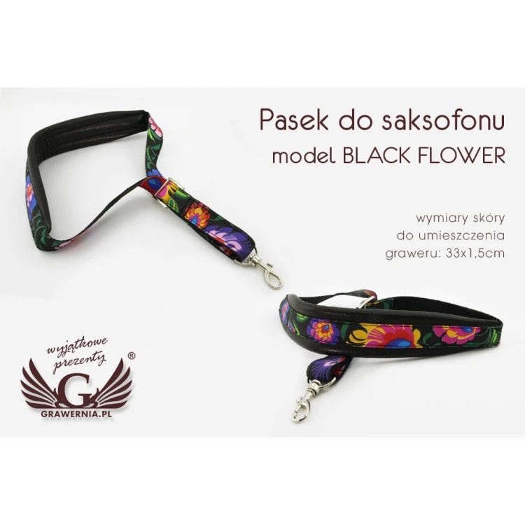 PASEK DO SAKSOFONU czarny - model Black Flower - wersja Komfort - PDS31