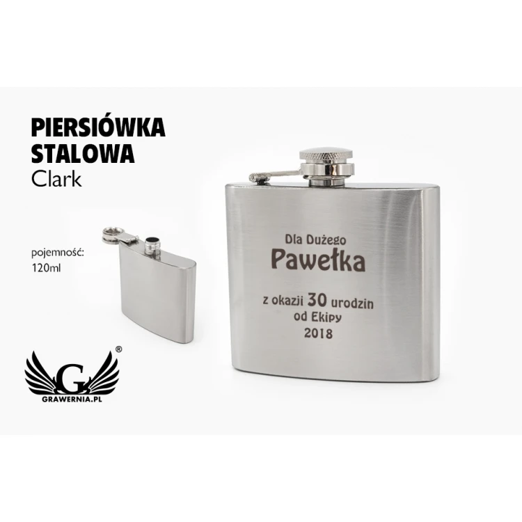 Piersiówka stalowa CLARK z grawerem - 120ml - AL014