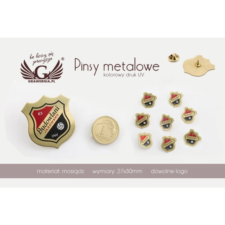Pinsy - Tarcze mosiężne z Twoim logo - wym. 27x30mm - druk UV - PS031