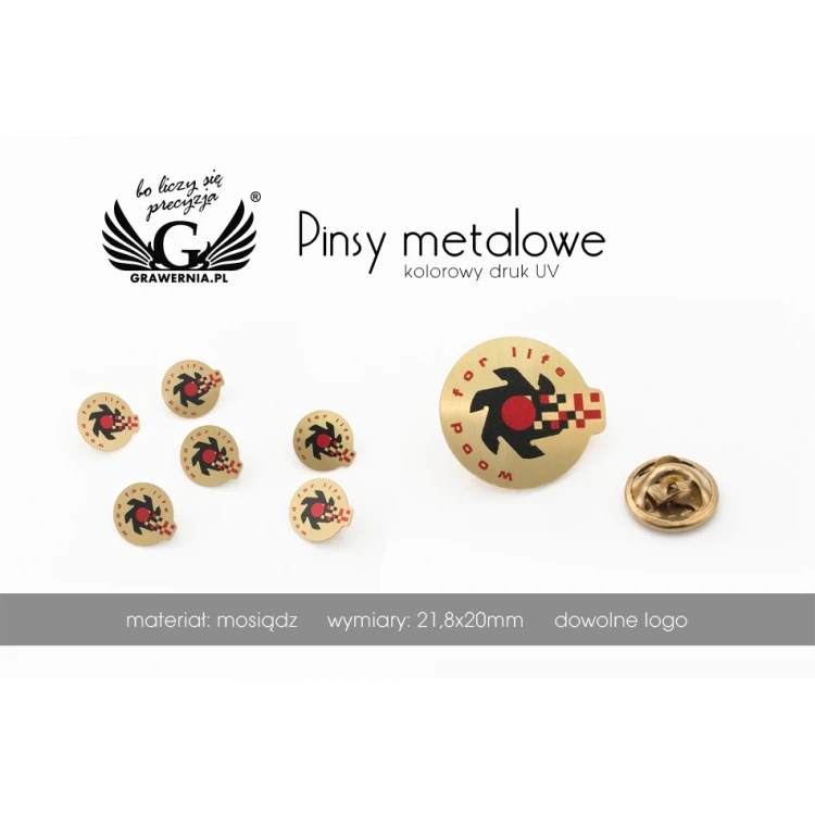 Pinsy mosiężne z Twoim logo - wym. 22x20mm - druk UV - PS042 