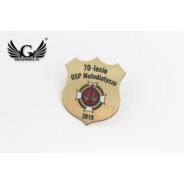 Pinsy - Tarcze mosiężne z Twoim logo - wym. 27x30mm - druk UV - PS034