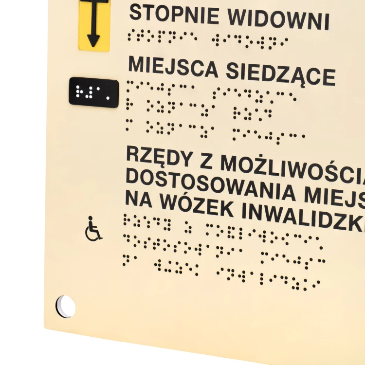 Plan tyflograficzny z pismem Braille'a sali kinowej, teatralnej, widowiskowej - tworzywo ADA, laminat i akryl - wym. 550x445mm - TAB585