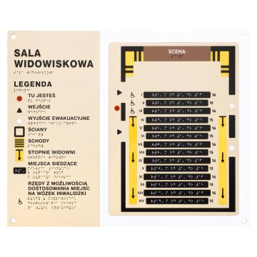 Plan tyflograficzny z pismem Braille'a sali kinowej, teatralnej, widowiskowej - tworzywo ADA, laminat i akryl - wym. 550x445mm - TAB585
