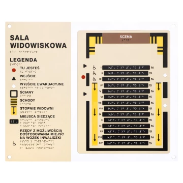 Plan tyflograficzny z pismem Braille'a sali kinowej, teatralnej, widowiskowej - tworzywo ADA, laminat i akryl - wym. 550x445mm - TAB585