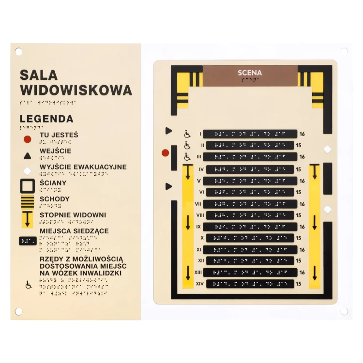 Plan tyflograficzny z pismem Braille'a sali kinowej, teatralnej, widowiskowej - tworzywo ADA, laminat i akryl - wym. 550x445mm - TAB585
