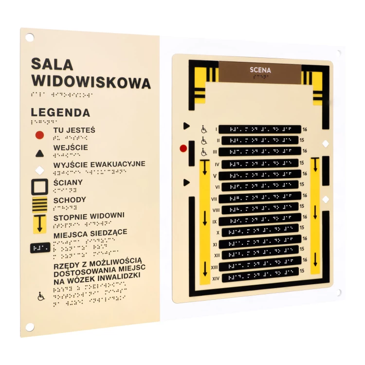 Plan tyflograficzny z pismem Braille'a sali kinowej, teatralnej, widowiskowej - tworzywo ADA, laminat i akryl - wym. 550x445mm - TAB585
