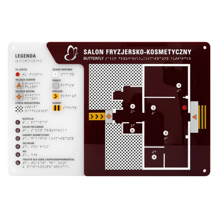 Plan tyflograficzny z pismem Braille'a - tworzywo ADA, 3D doming, laminat i akryl - wym. 530x350 mm - TAB696