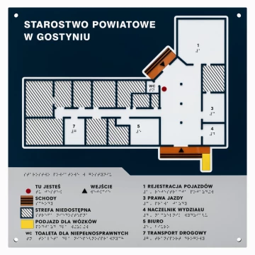 Plan tyflograficzny z pismem Braille'a - PVC twarde, tworzywo ADA, laminat i akryl - wym. 475x480 mm - TAB675