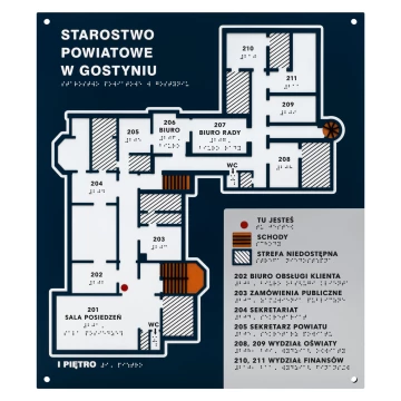 Plan tyflograficzny z pismem Braille'a - PVC twarde, tworzywo ADA, laminat i akryl - wym. 450x520 mm - TAB677