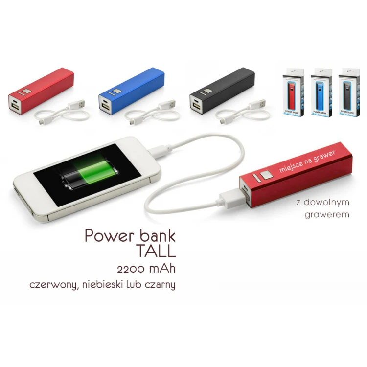 Power bank TALL 2200 mAh - w trzech kolorach z dowolnym grawerem