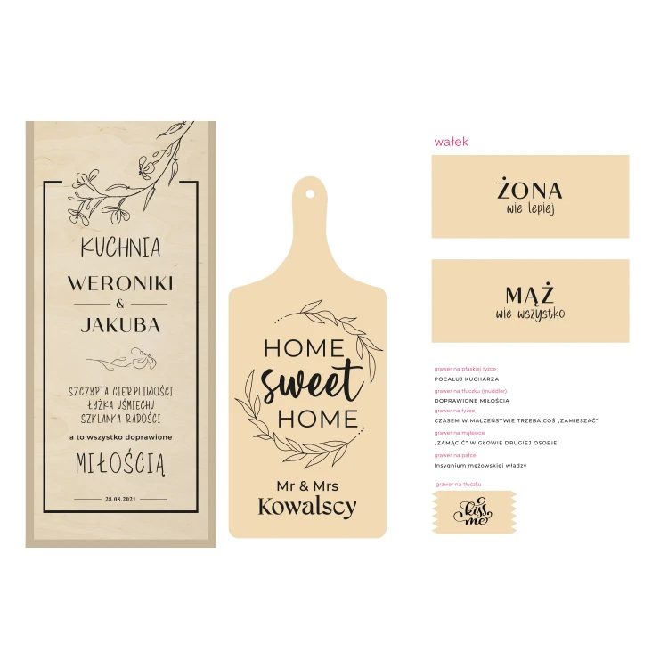 Prezent dla Młodej Pary - wałek, deska, łyżka, pałka, mątewka, tłuczek, mudler - PDM003